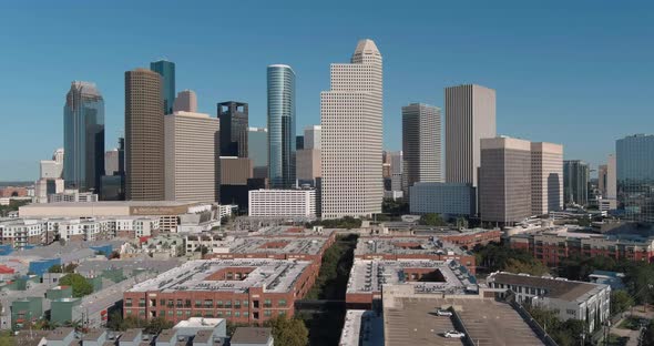 Drone view of downtown Houston skyline. This video was filmed in4k for best image quality. alt