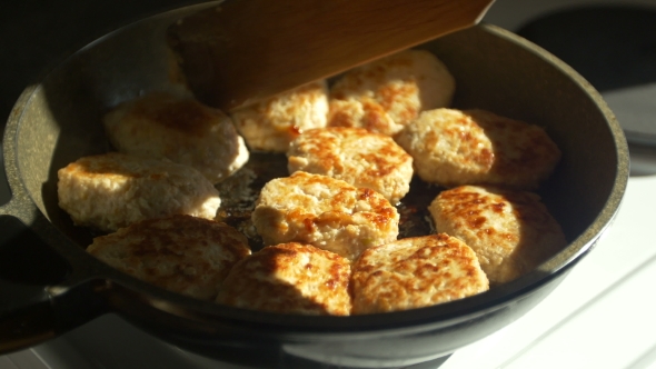 Fried Pork Meatballs Or Cutlets In Frying Pan 