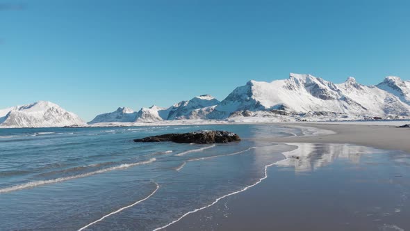 Flkastad beach under the snow during winter, with snow and mountains in the background