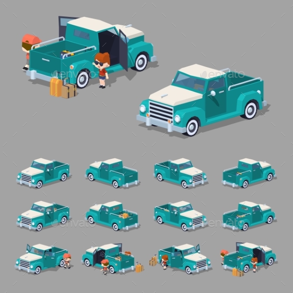 Low Poly Turquoise Retro Pickup - Man-made Objects Objects