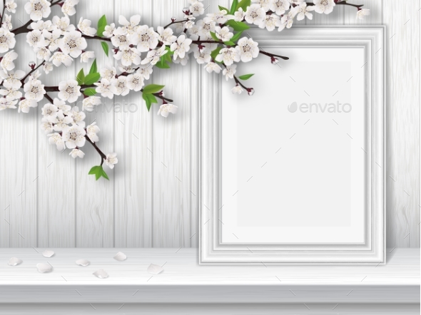 Spring Cherry Branch and Photo Frame on Table - Flowers & Plants Nature