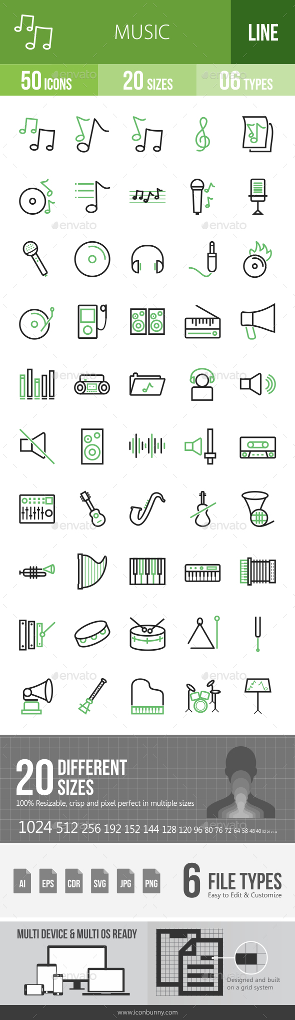 Music Line Green & Black Icons - Icons