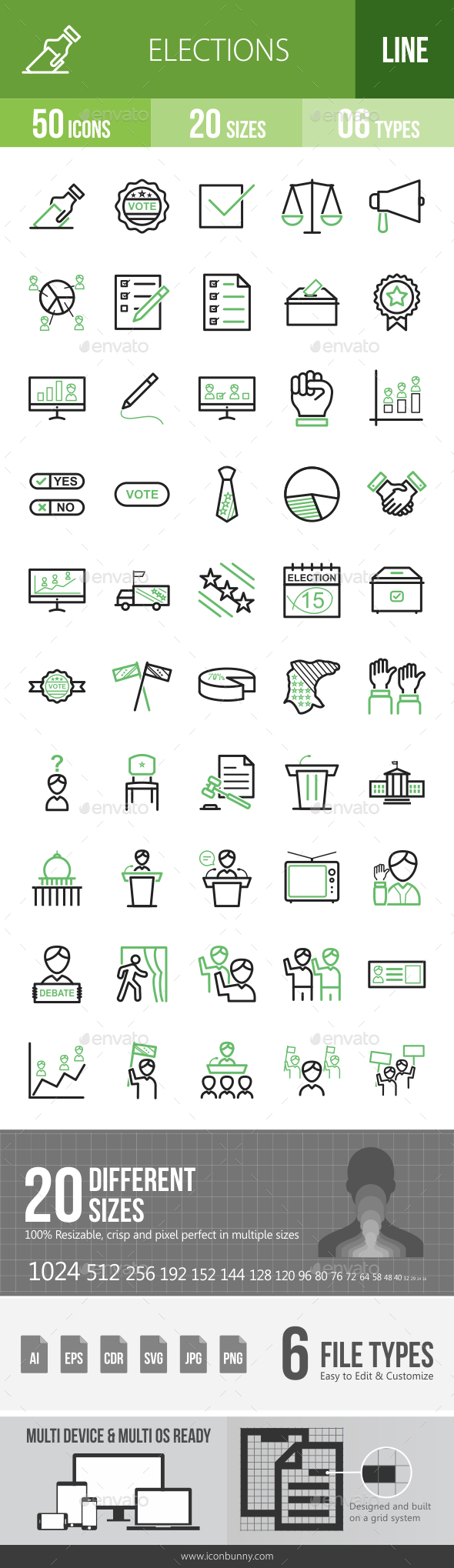 Elections Line Green & Black Icons - Icons