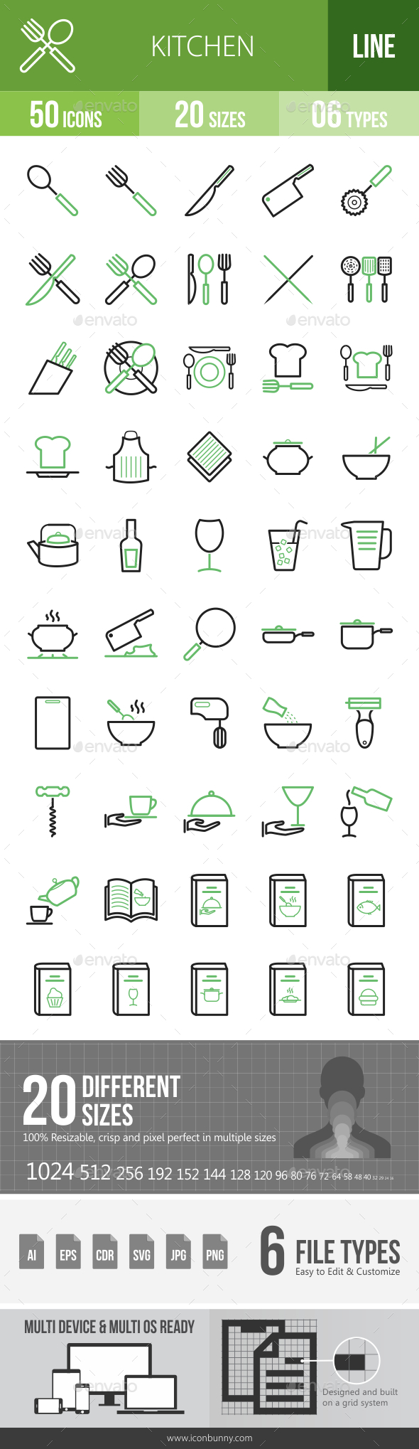 Kitchen Line Green & Black Icons - Icons