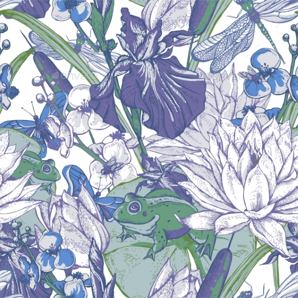 Vintage Pond Water Flowers Vector Seamless Pattern - Flowers & Plants Nature