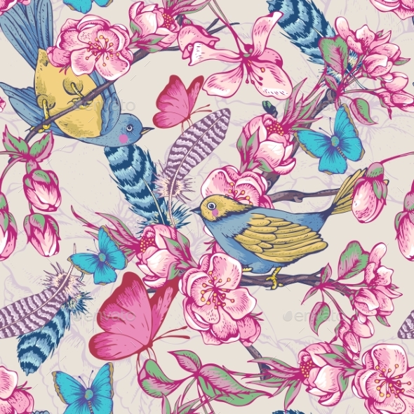 Vintage Garden Spring Seamless Pattern - Flowers & Plants Nature