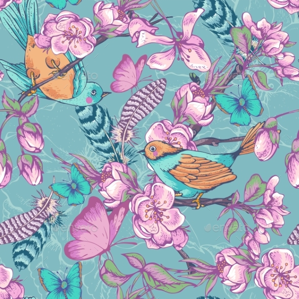 Vintage Garden Spring Seamless Pattern - Flowers & Plants Nature