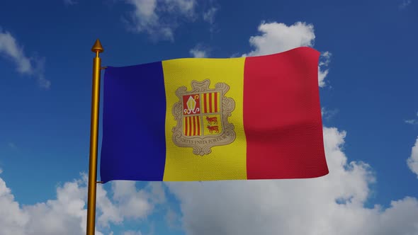 National flag of Andorra waving with flagpole and blue sky timelapse alt
