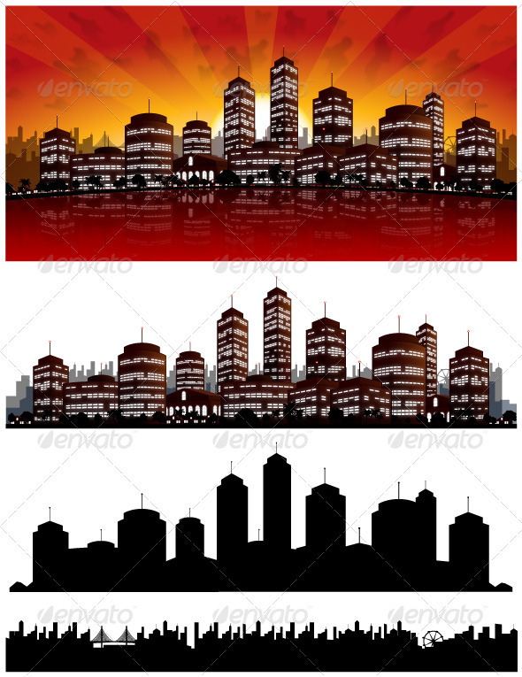 Sunset City Vector Background - Skyline - Backgrounds Decorative