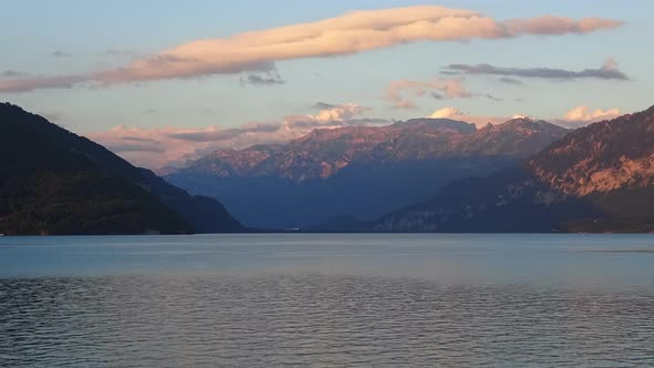 Time lapse view lake Thun and mountains of Swiss Alps in city Spiez, Switzerland