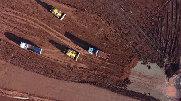 Industrial Soil Moving, Heavy Plant Equipment, Aerial Overhead, Bird's-Eye-View