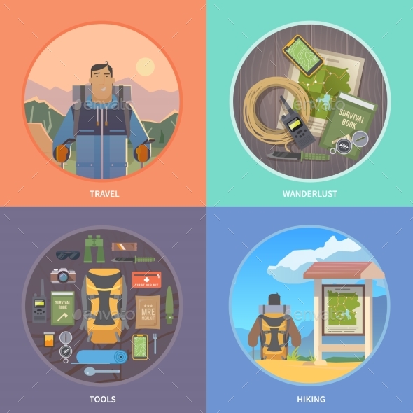 Flat Vector Hiking Web Illustrations. - Landscapes Nature