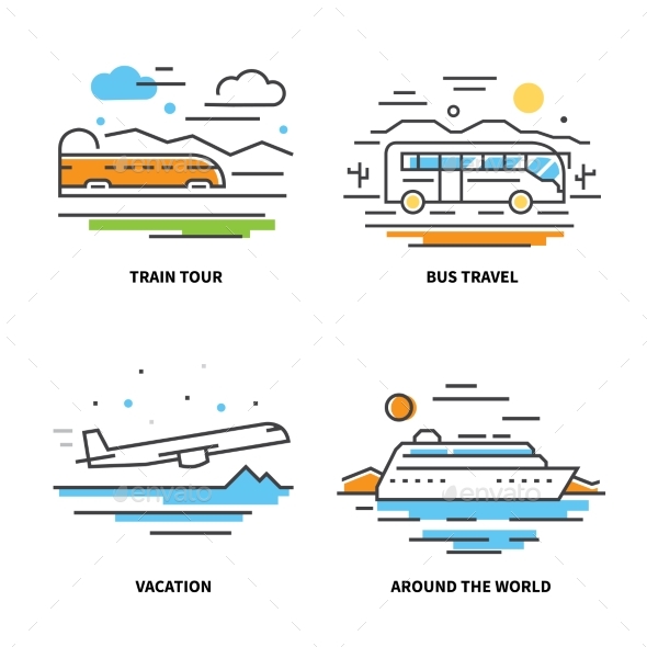 Line Travel Square Banners Set. - Travel Conceptual