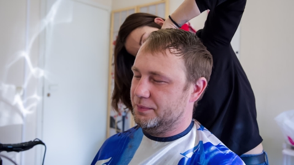  Of Stylist Barber Woman Hands With Scissors Cut Short Customer Man Hairs In Hairdresser Salon.