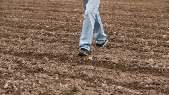 Farmer Walking On Farm Land, Planning New Seeding Season alt