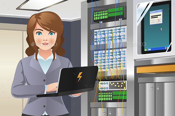 Woman Working in Computer Server Room - People Characters