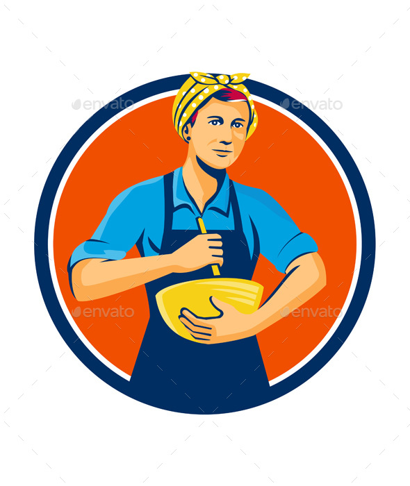 Female Chef Bandana Mixing Bowl Circle Retro - People Characters