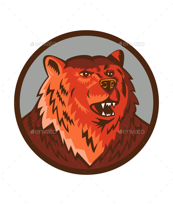 Russian Bear Head Growling Circle Retro - Animals Characters