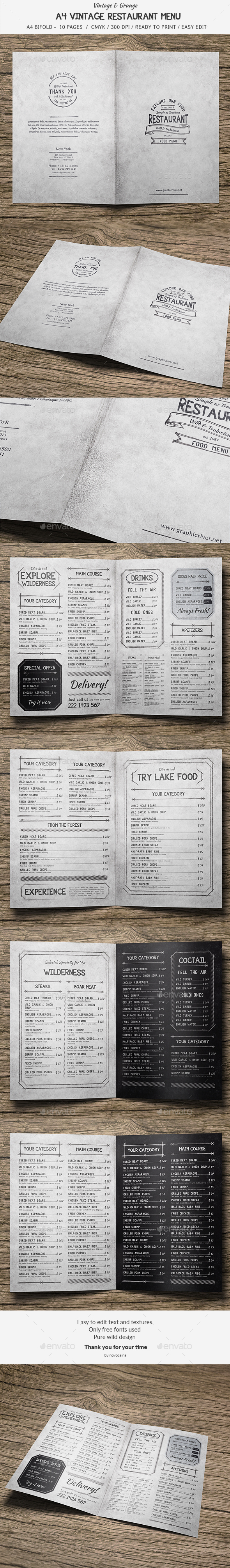 A4 BiFold Vintage Menu - 10 Pages - Food Menus Print Templates