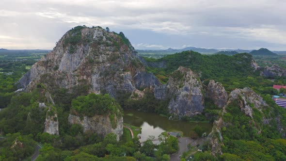 Aerial view of Khao Ngu Stone. National park with river lake, mountain valley hills alt