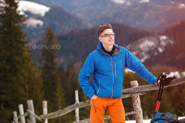 Hiker in winter mountains - Stock Photo - Images