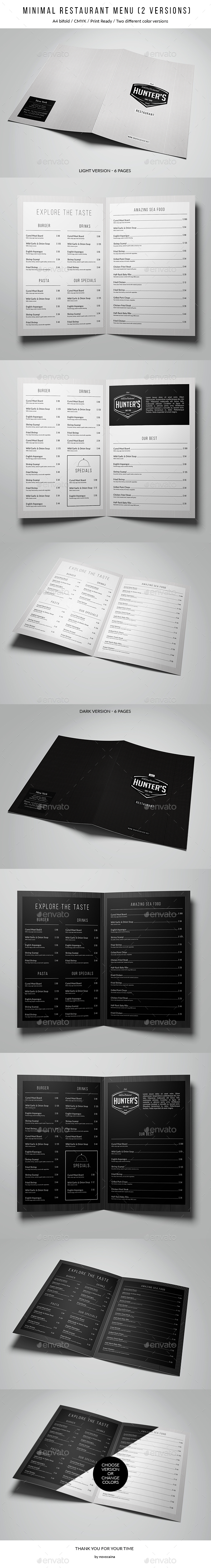 A4 Bifold Minimal Food Menu - 2 Color Versions - Food Menus Print Templates
