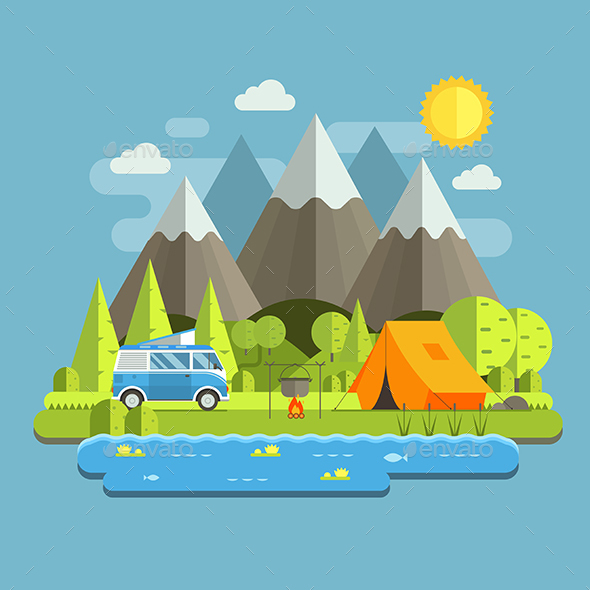Camping Travel Landscape in Flat Style - Travel Conceptual