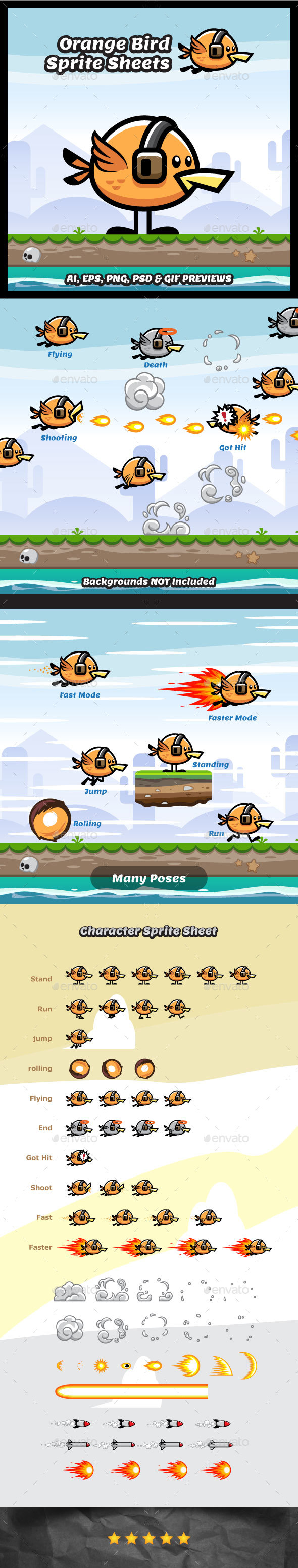 Orange Flying Bird Game Character - Sprites Game Assets
