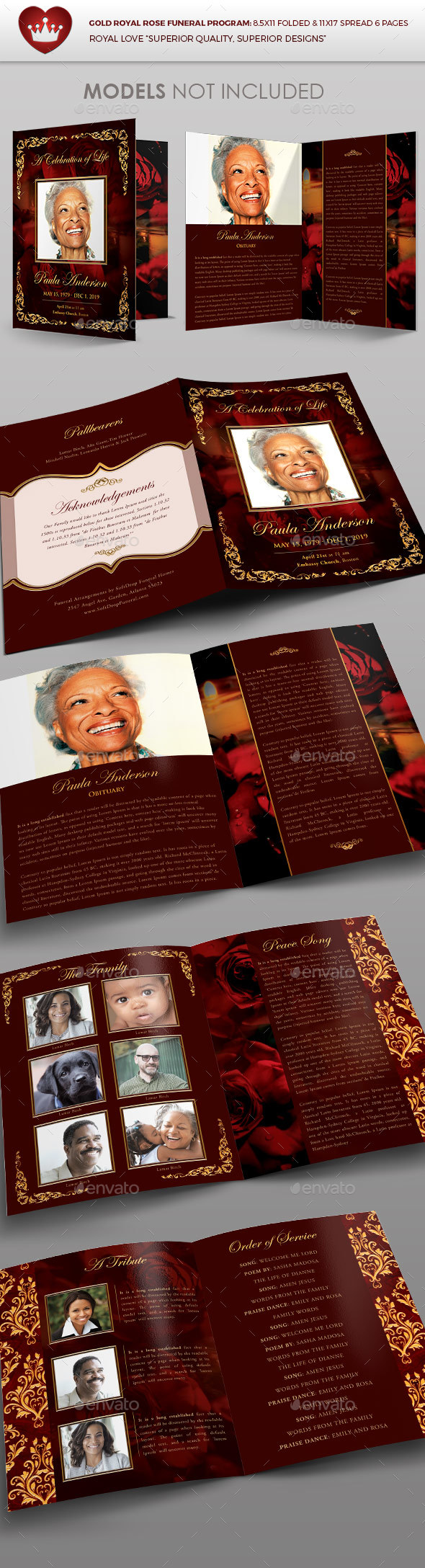 Gold Royal Rose Funeral Program - Brochures Print Templates