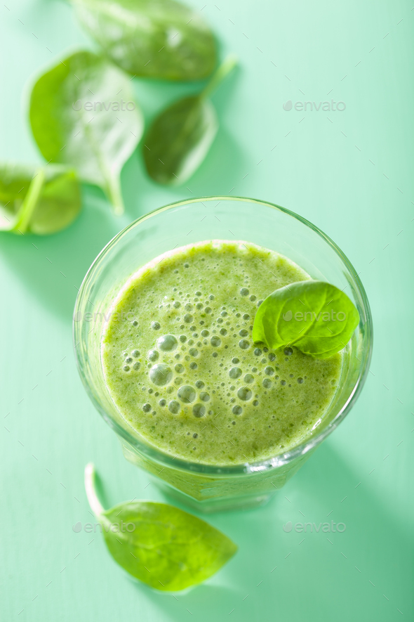 healthy green smoothie with spinach leaves Stock Photo by duskbabe