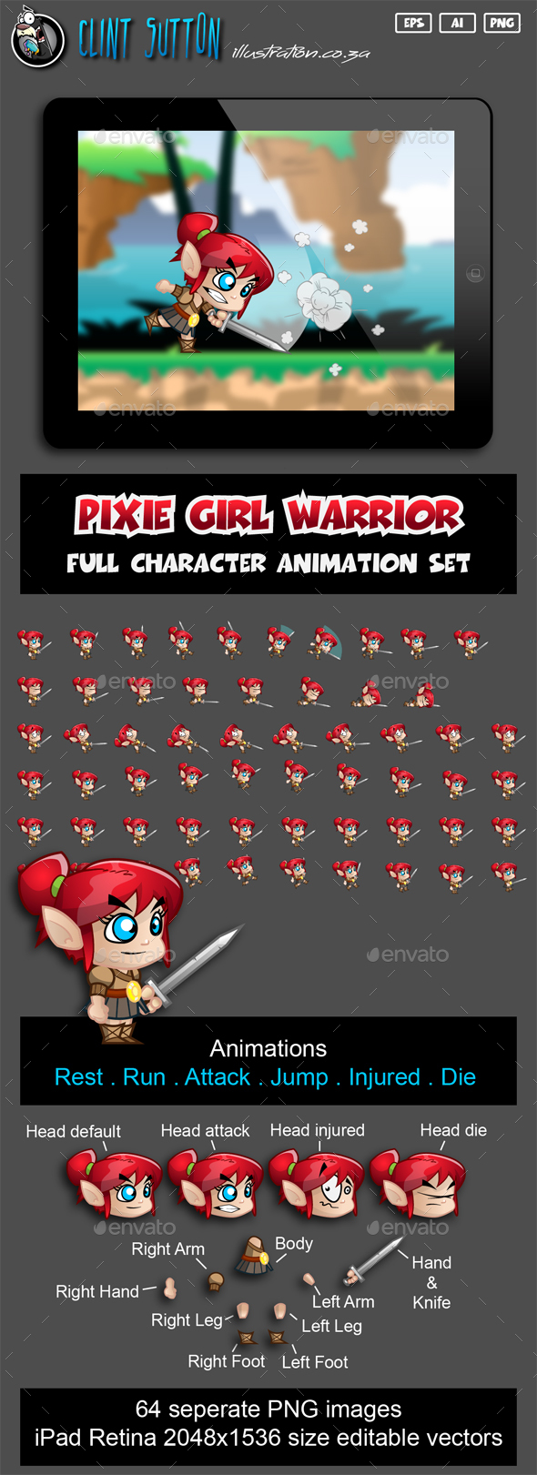 Pixie Girl Warrior Character Set - Sprites Game Assets