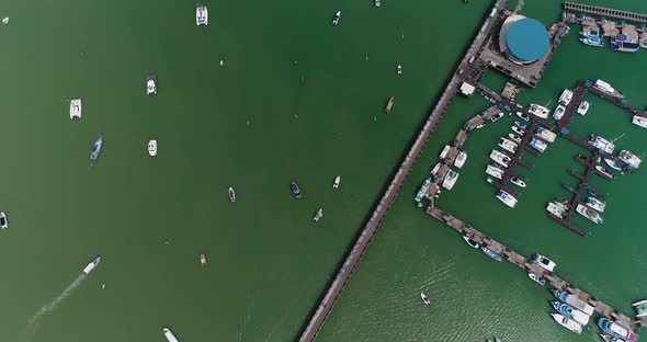 Chalong pier, Phuket Thailand. January 2018.Aerial shot of pier with many speed boats