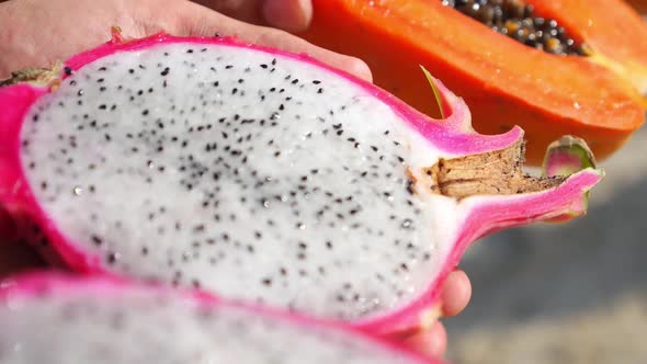 Fresh Tropical Fruits Closeup. Dragon Fruit Pitaya And Papaya