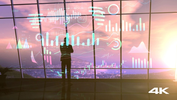 Businessman Surrounded By Infographics Opposite The Large Window 4K alt