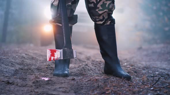 A Murderer with a Bloody Ax on a Forest Road. Stands in the Light of Car Headlights. Creepy Crime alt