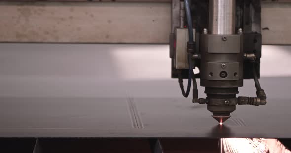 Modern Technological Cnc Cutting Power Action on Metallic Horizontal Ironwork Object Hot Gas alt