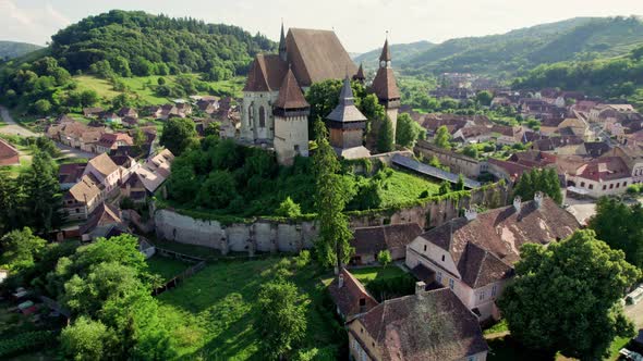 Aerial View of Old Small Saxon Village Biertan in Transylvania Romania alt