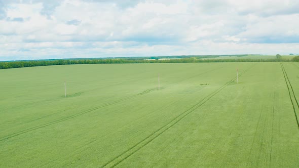 Camera Flight Over a Green Field Against a Cloudy Sky