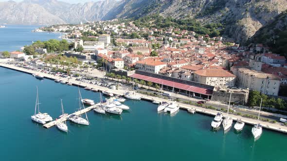 Aerial view of Kotor old town, Montenegro, the coast of Kotor Bay, Adriatic sea alt