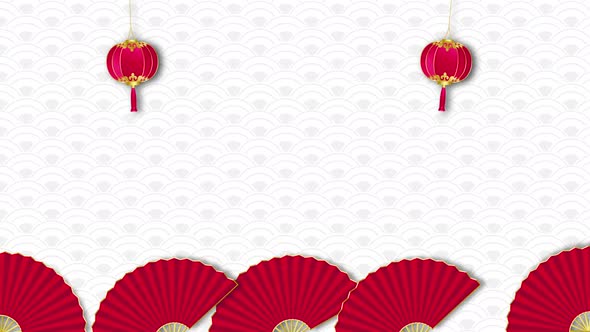 Oriental style motion graphic with red Chinese lanterns and fans on gray pattern background