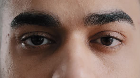 Extreme Facial Close Up Young Hispanic Male Eyes Arab Man with Brown Eyeballs Blinking Looking at alt