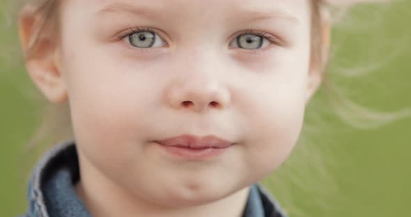 Beautiful Little Girl with Big Blue Eyes Looking at Camera