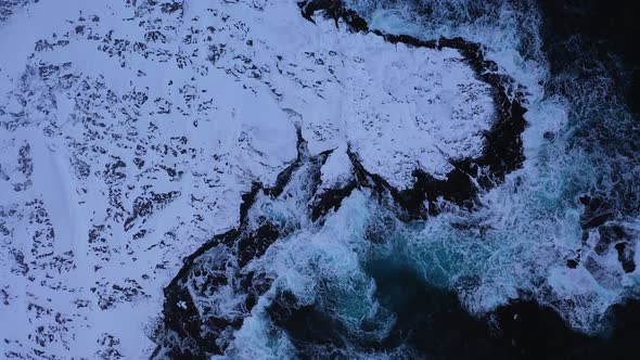 Bird Eye View of Scenic Rocky Coast of Barents Sea with Crushing Waves