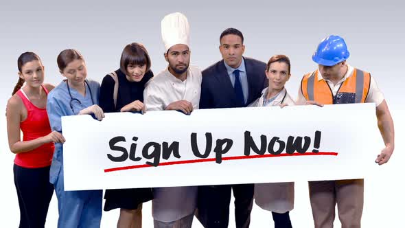 Various professional holding placard of sign up now text alt