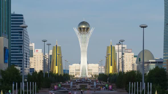 The City of Astana Timelapse Residents Are Walking and Relaxing on a Sunny Day Near the Symbol of alt