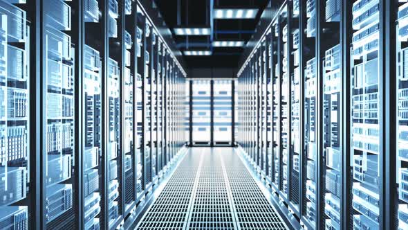 Camera Moves Through Big Working Data Center with Server Racks and Glass Ceiling alt