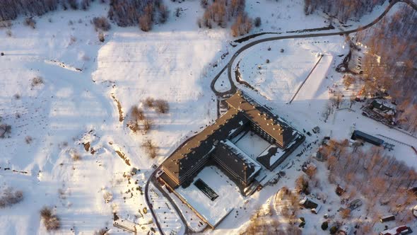 Aerial view at the mountain on a sunny winter day