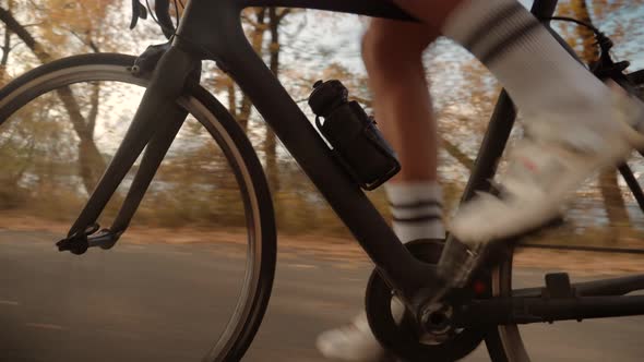 Cyclist Training Leisure Twists Pedals On Triathlon Bicycle. Gear System  And Bike Wheel. Workout. alt