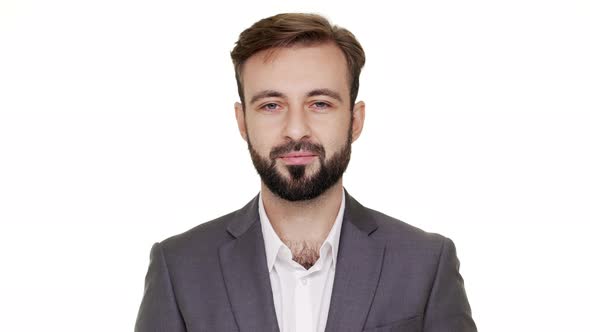 Portrait of Caucasian Guy with Short Dark Hair and Mustaches Posing Looking on Camera Being Calm and alt