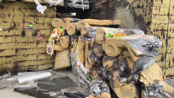 Bucha, kyiv, Ukraine 01.04.2022: War in Ukraine. Shopping center destroyed by russian military force alt